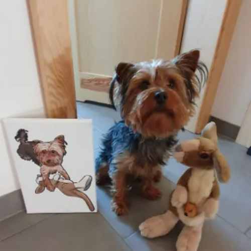 Das Bild zeigt einen Hund neben seiner Haustierzeichnung als Cartoon mit Kuscheltier