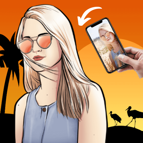 Man sieht eine junge Frau mit Sonnenbrille die als Cartoon gezeichnet wurde und vor dem Hintergrund Afrika steht