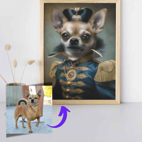 Chihuahua Haustier als Royal Portrait in einem Bilderrahmen